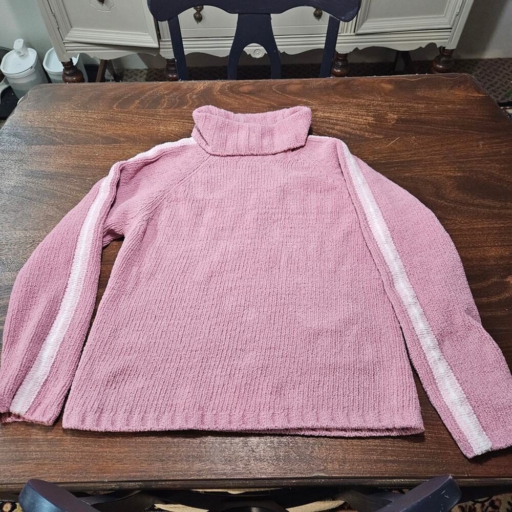 Colorado Clothing Luxury Knits Pink Chunky Turtleneck Sweater with White Stripes